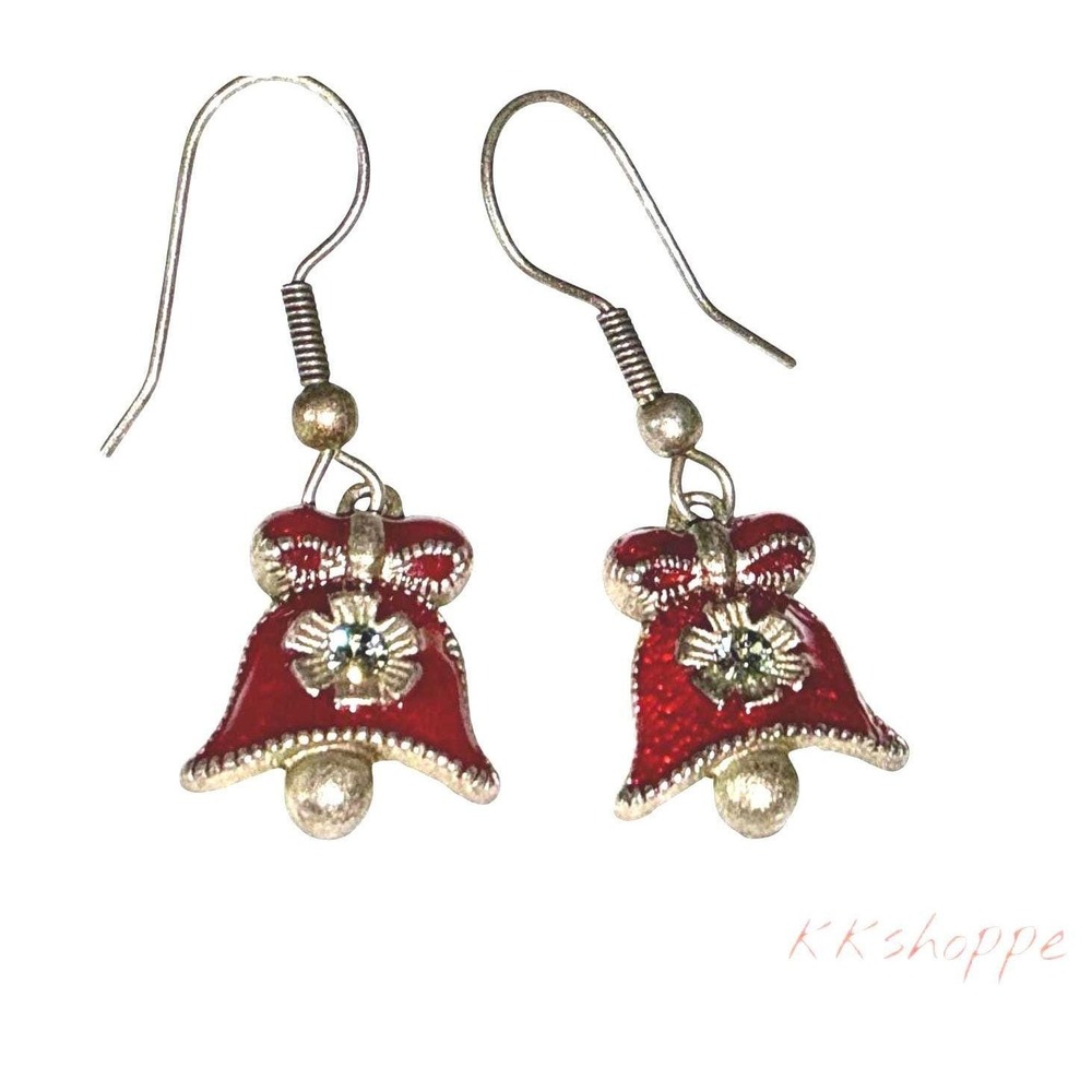 Laila Rowe Red Enamel Christmas Bell Drop Earrings Rhinestone Holiday